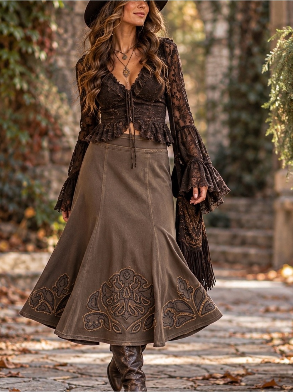 CAbi Size 8 Brown Embroidered Applique Midi Skirt Y2K Whimsigoth Boho Flare